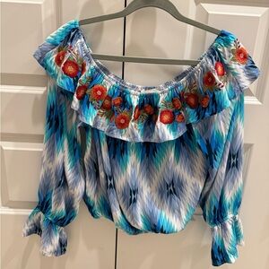 Savanna Jane Blue & Teal Off-Shoulder Embroidered Ruffle Blouse